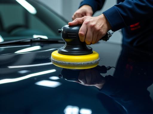 Detailer polishing a car's hood to a mirror shine. 512x384
